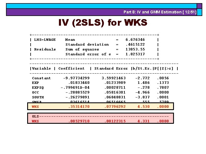 Part 8: IV and GMM Estimation [ 12/51] IV (2 SLS) for WKS +--------------------------+