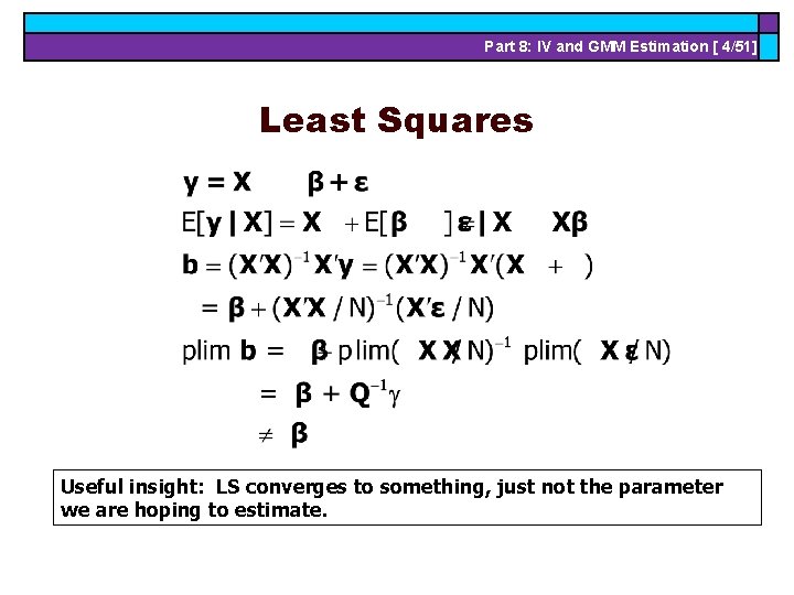 Part 8: IV and GMM Estimation [ 4/51] Least Squares Useful insight: LS converges