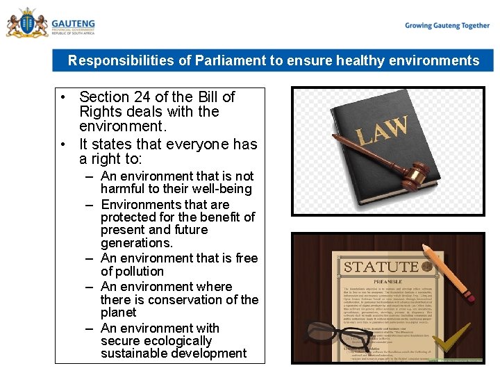 Responsibilities of Parliament to ensure healthy environments • Section 24 of the Bill of