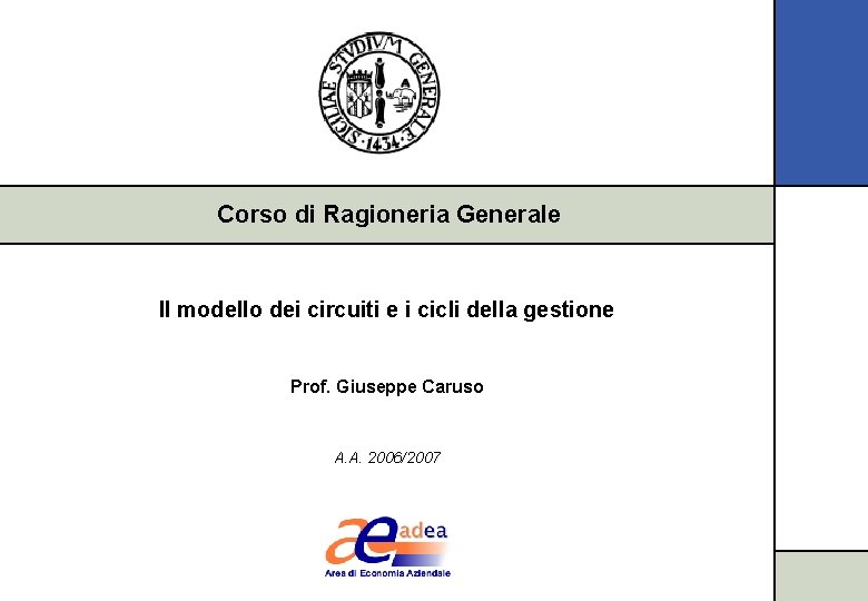 Corso di Ragioneria Generale Il modello dei circuiti e i cicli della gestione Prof.
