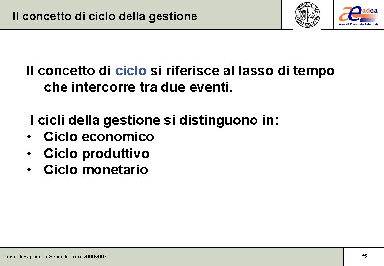 Il concetto di ciclo della gestione Il concetto di ciclo si riferisce al lasso