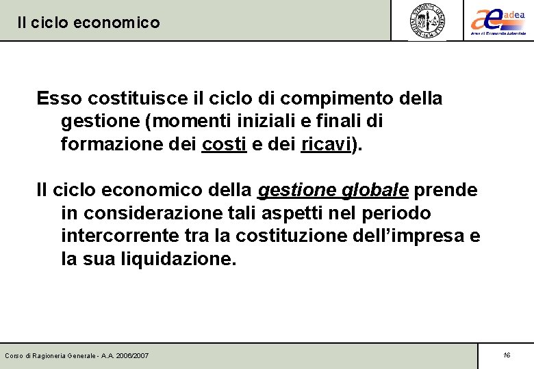 Il ciclo economico Esso costituisce il ciclo di compimento della gestione (momenti iniziali e