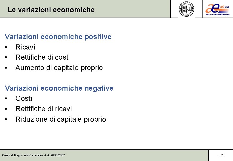 Le variazioni economiche Variazioni economiche positive • Ricavi • Rettifiche di costi • Aumento