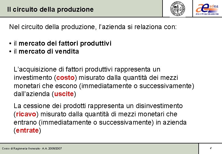 Il circuito della produzione Nel circuito della produzione, l’azienda si relaziona con: • il