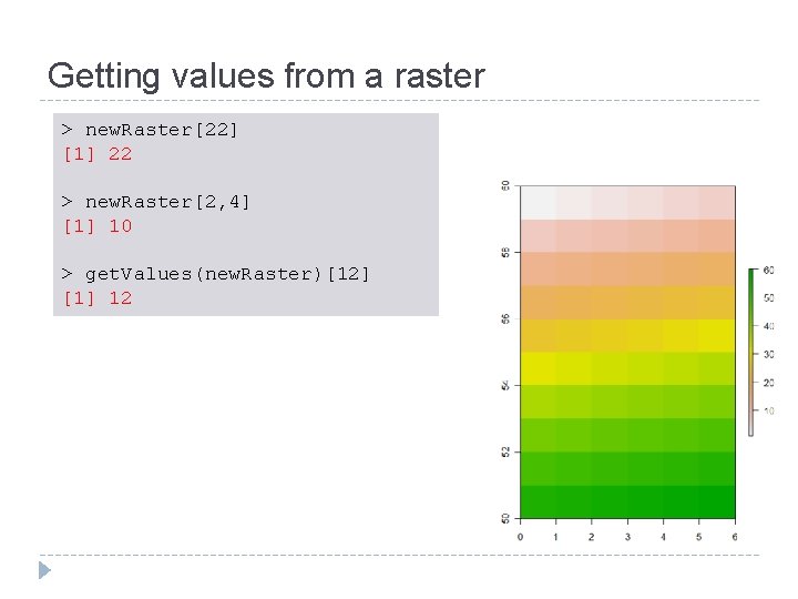 Getting values from a raster > new. Raster[22] [1] 22 > new. Raster[2, 4]