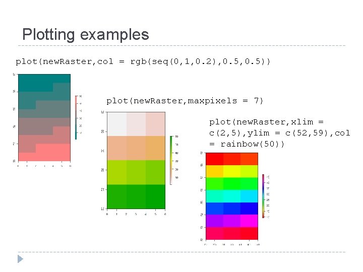 Plotting examples plot(new. Raster, col = rgb(seq(0, 1, 0. 2), 0. 5)) plot(new. Raster,