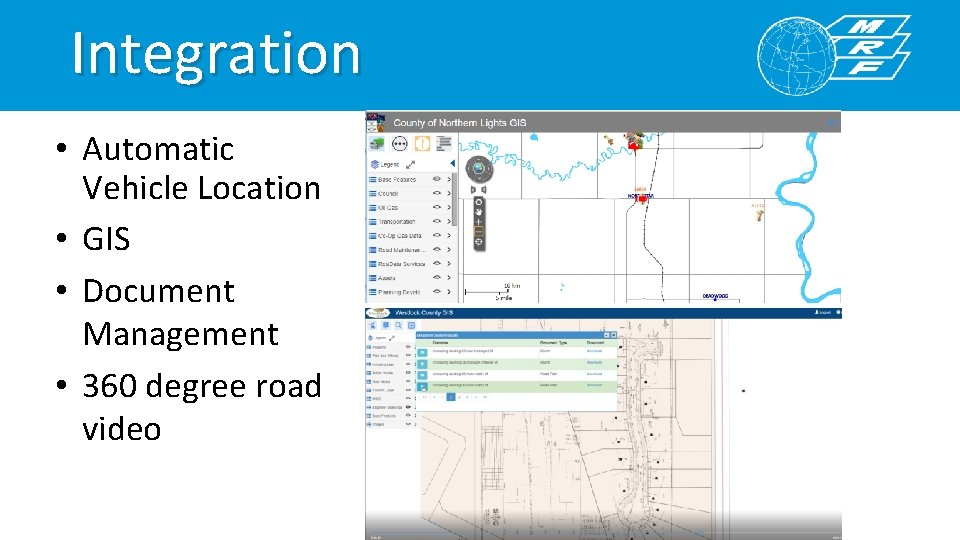 Integration • Automatic Vehicle Location • GIS • Document Management • 360 degree road