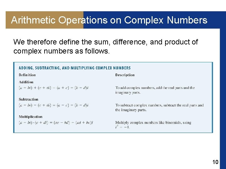 Arithmetic Operations on Complex Numbers We therefore define the sum, difference, and product of