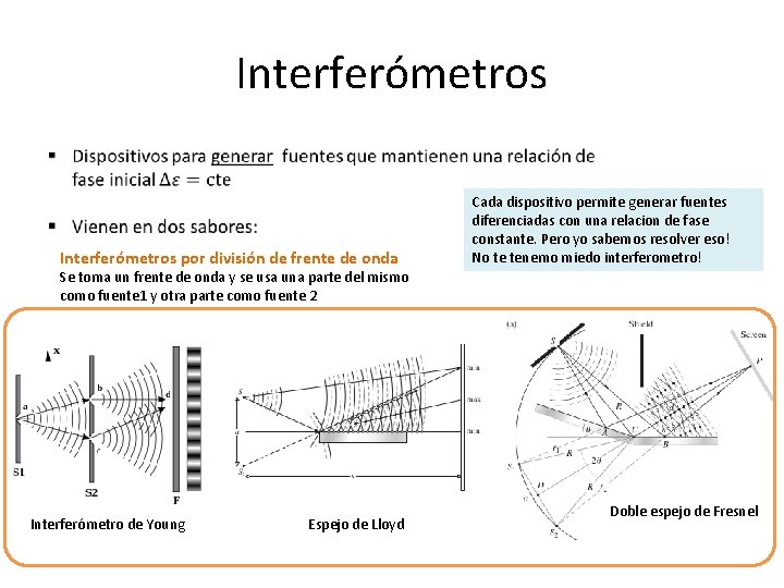 Interferómetros por división de frente de onda Cada dispositivo permite generar fuentes diferenciadas con