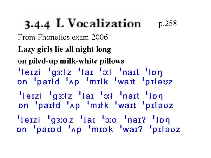 p. 258 From Phonetics exam 2006: Lazy girls lie all night long on piled-up