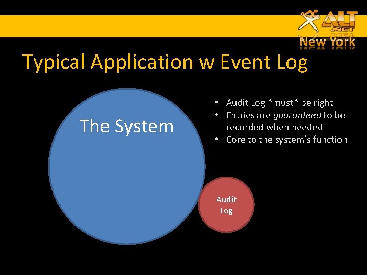 Typical Application w Event Log The System • Audit Log *must* be right • Typical Application w Event Log The System • Audit Log *must* be right •