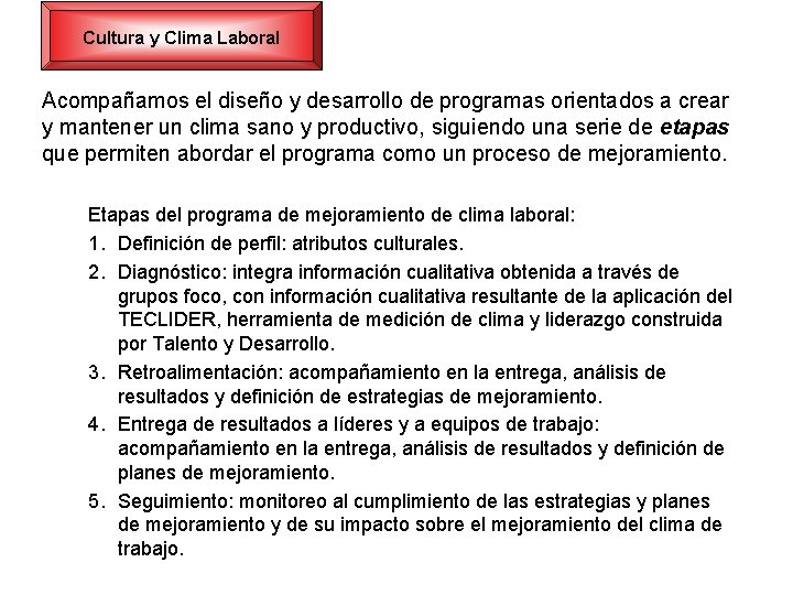 Cultura y Clima Laboral Acompañamos el diseño y desarrollo de programas orientados a crear