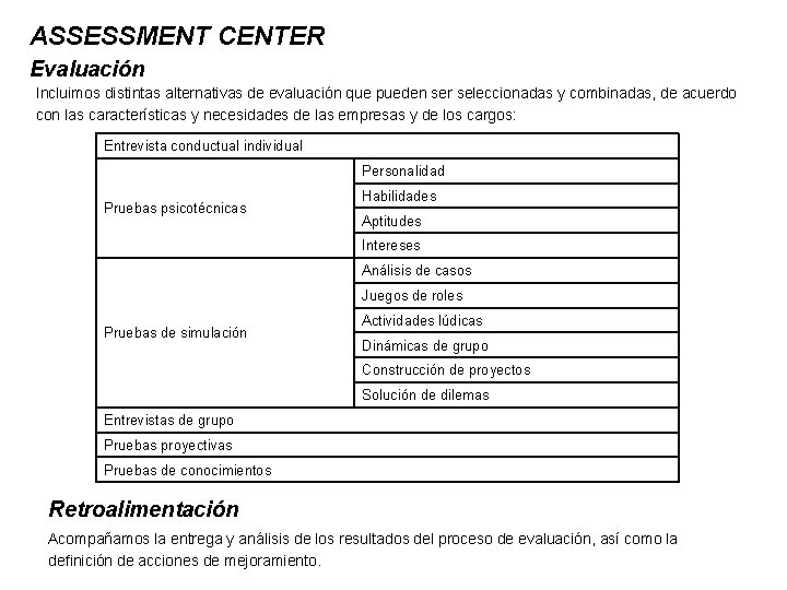 ASSESSMENT CENTER Evaluación Incluimos distintas alternativas de evaluación que pueden ser seleccionadas y combinadas,