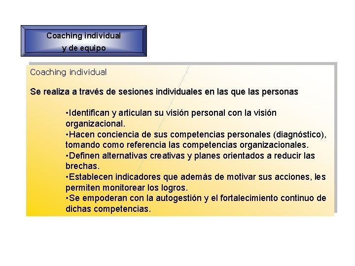 Coaching individual y de equipo Coaching individual Se realiza a través de sesiones individuales