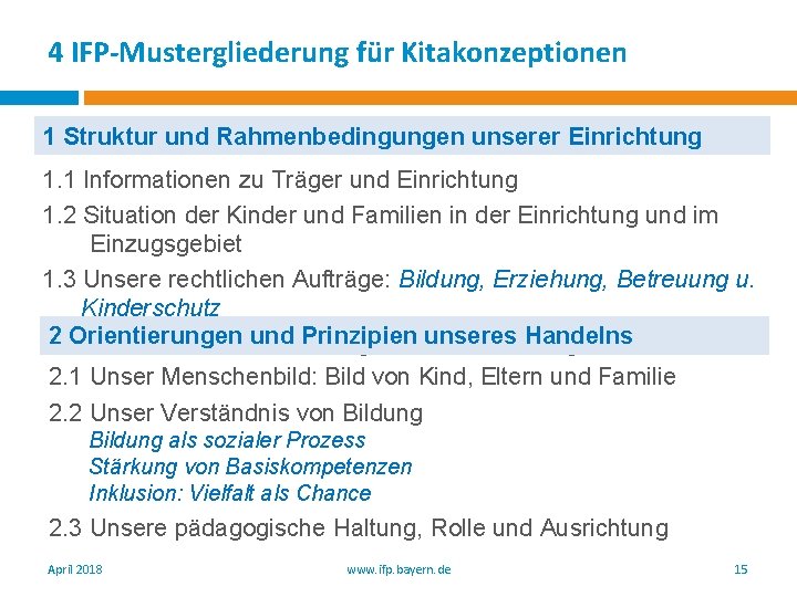 4 IFP-Mustergliederung für Kitakonzeptionen 1 Struktur und Rahmenbedingungen unserer Einrichtung 1. 1 Informationen zu