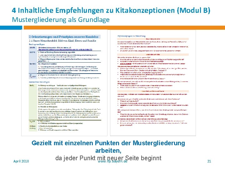 4 Inhaltliche Empfehlungen zu Kitakonzeptionen (Modul B) Mustergliederung als Grundlage April 2018 Gezielt mit