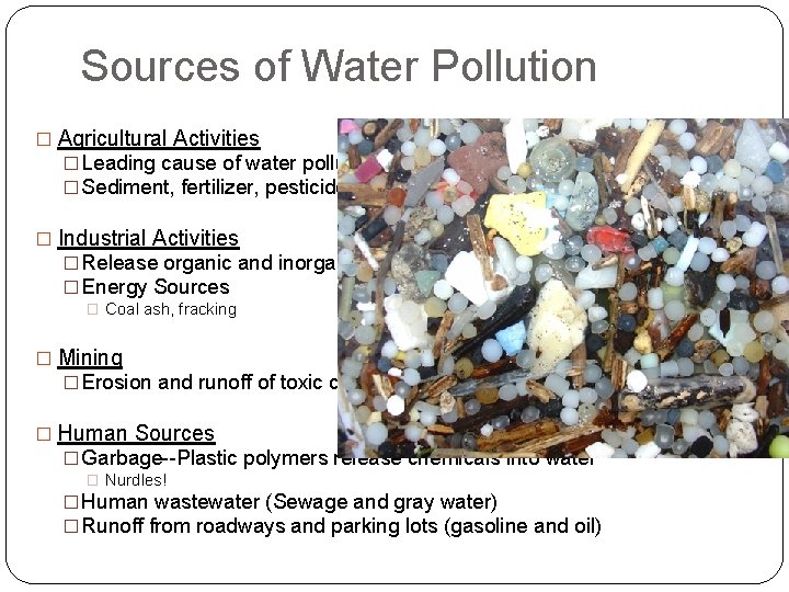 Sources of Water Pollution � Agricultural Activities � Leading cause of water pollution �
