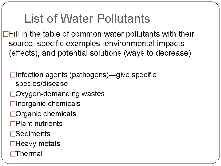 List of Water Pollutants �Fill in the table of common water pollutants with their