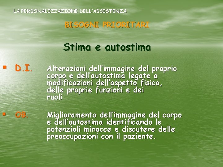 LA PERSONALIZZAZIONE DELL’ASSISTENZA BISOGNI PRIORITARI Stima e autostima § D. I. Alterazioni dell’immagine del