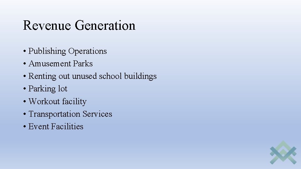 Revenue Generation • Publishing Operations • Amusement Parks • Renting out unused school buildings Revenue Generation • Publishing Operations • Amusement Parks • Renting out unused school buildings