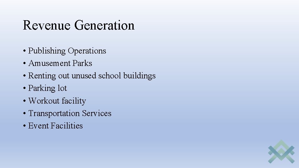 Revenue Generation • Publishing Operations • Amusement Parks • Renting out unused school buildings