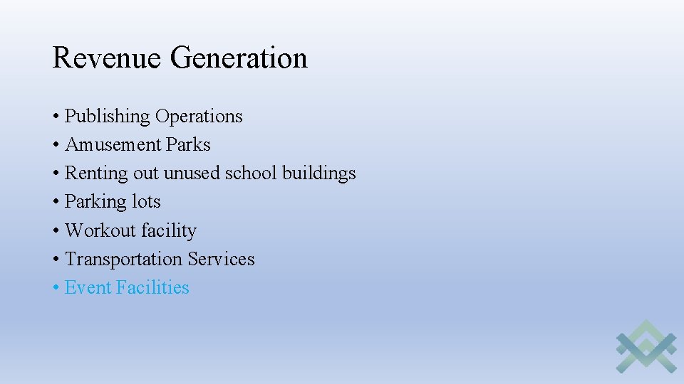 Revenue Generation • Publishing Operations • Amusement Parks • Renting out unused school buildings