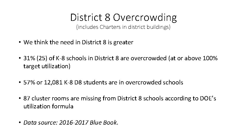 District 8 Overcrowding (includes Charters in district buildings) • We think the need in