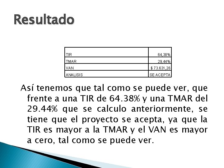Resultado TIR 64, 38% TMAR 29, 44% VAN $ 73. 631, 26 ANALISIS SE