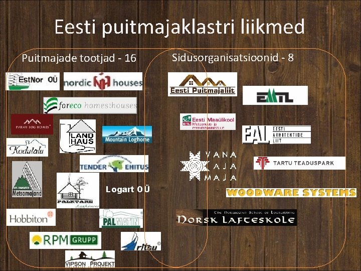 Eesti puitmajaklastri liikmed Puitmajade tootjad - 16 Logart OÜ Sidusorganisatsioonid - 8 