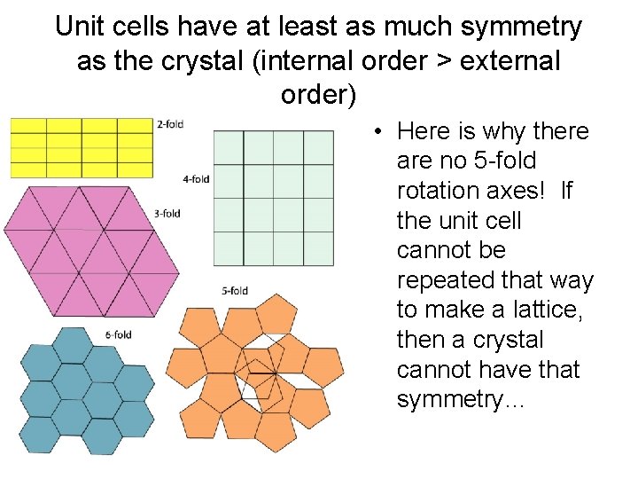 Unit cells have at least as much symmetry as the crystal (internal order >