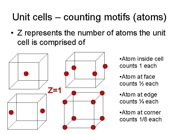Unit cells – counting motifs (atoms) • Z represents the number of atoms the