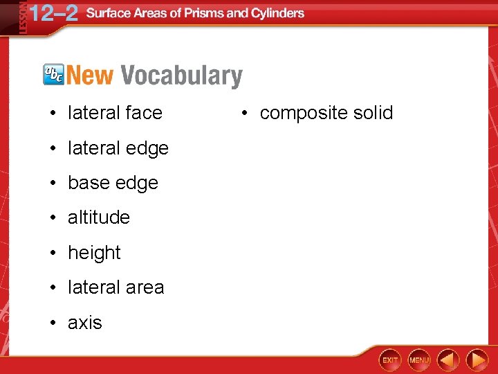  • lateral face • lateral edge • base edge • altitude • height