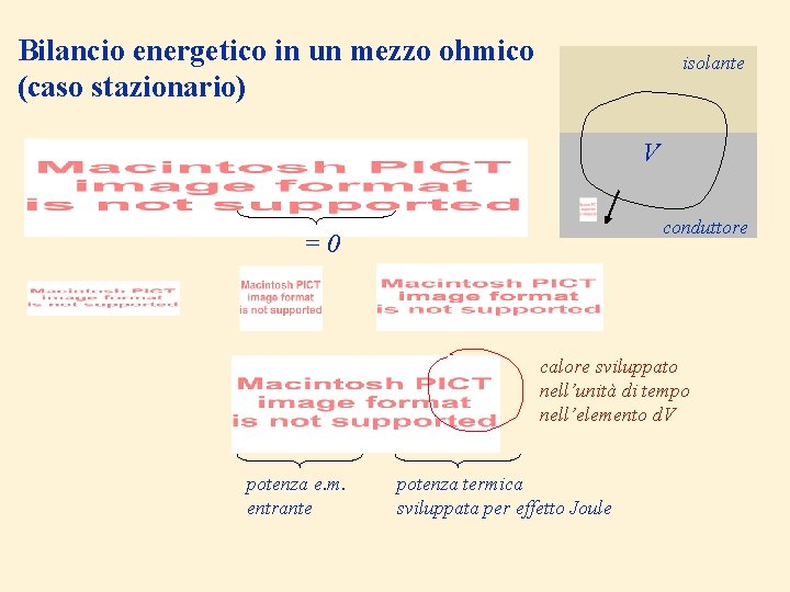 Bilancio energetico in un mezzo ohmico (caso stazionario) isolante V conduttore =0 calore sviluppato