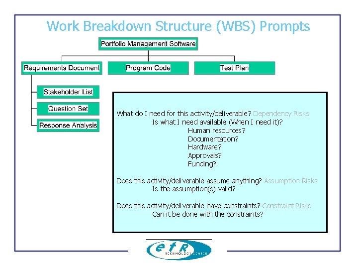 Work Breakdown Structure (WBS) Prompts What do I need for this activity/deliverable? Dependency Risks Work Breakdown Structure (WBS) Prompts What do I need for this activity/deliverable? Dependency Risks