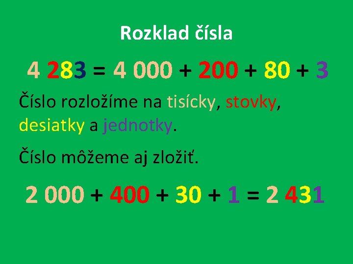 Rozklad čísla 4 283 = 4 000 + 200 + 80 + 3 Číslo