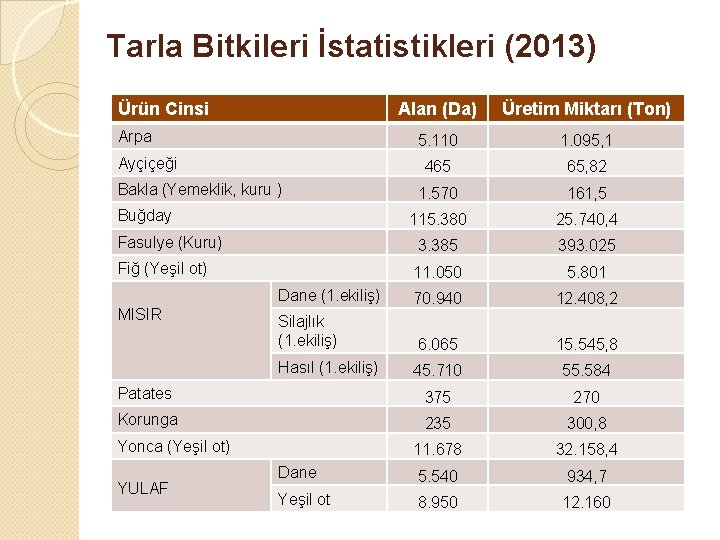 Tarla Bitkileri İstatistikleri (2013) Ürün Cinsi Alan (Da) Üretim Miktarı (Ton) 5. 110 1.