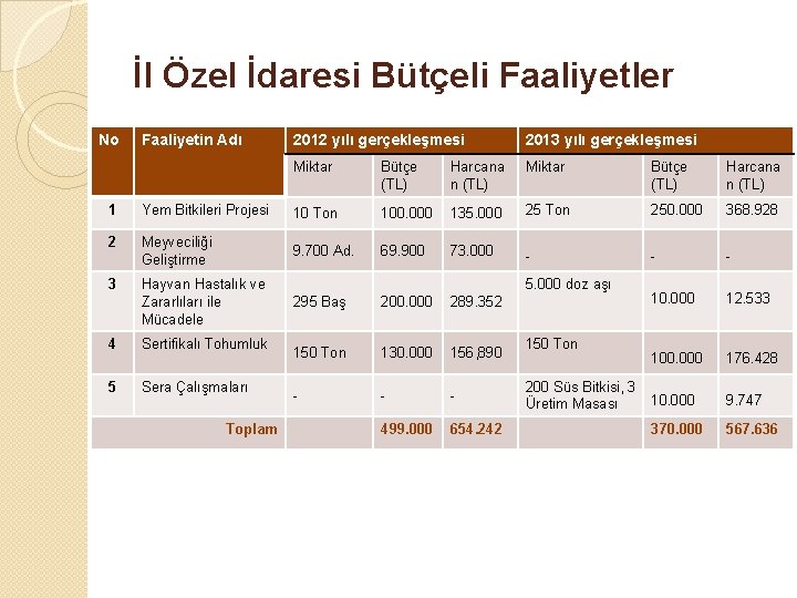 İl Özel İdaresi Bütçeli Faaliyetler No Faaliyetin Adı 2012 yılı gerçekleşmesi 2013 yılı gerçekleşmesi