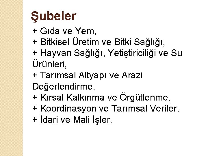 Şubeler + Gıda ve Yem, + Bitkisel Üretim ve Bitki Sağlığı, + Hayvan Sağlığı,