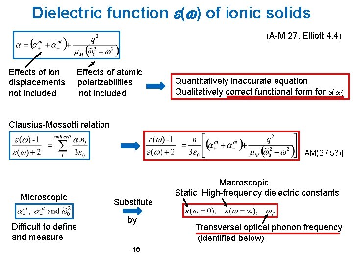 Dielectric function e(w) of ionic solids (A-M 27, Elliott 4. 4) Effects of ion Dielectric function e(w) of ionic solids (A-M 27, Elliott 4. 4) Effects of ion