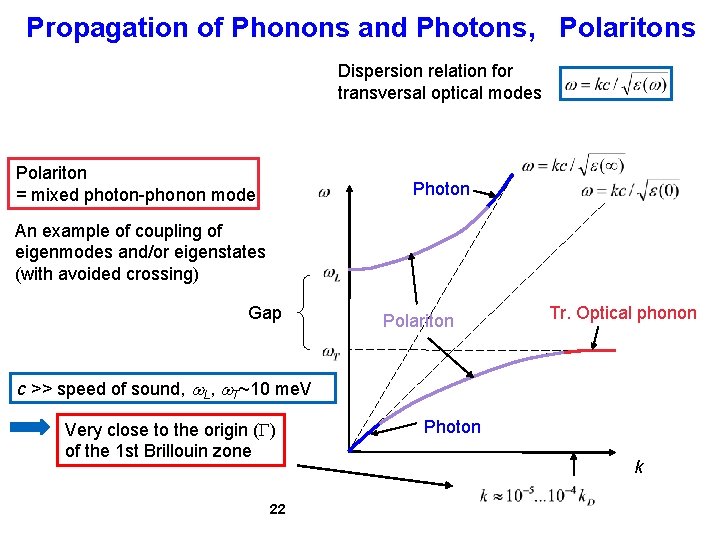 Propagation of Phonons and Photons, Polaritons Dispersion relation for transversal optical modes Polariton = Propagation of Phonons and Photons, Polaritons Dispersion relation for transversal optical modes Polariton =