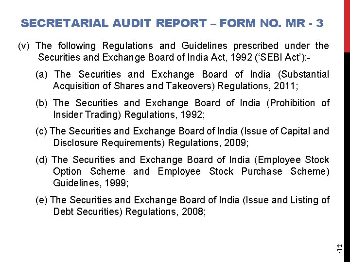 SECRETARIAL AUDIT REPORT – FORM NO. MR - 3 (v) The following Regulations and SECRETARIAL AUDIT REPORT – FORM NO. MR - 3 (v) The following Regulations and