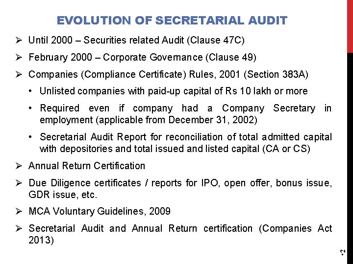 EVOLUTION OF SECRETARIAL AUDIT Ø Until 2000 – Securities related Audit (Clause 47 C)