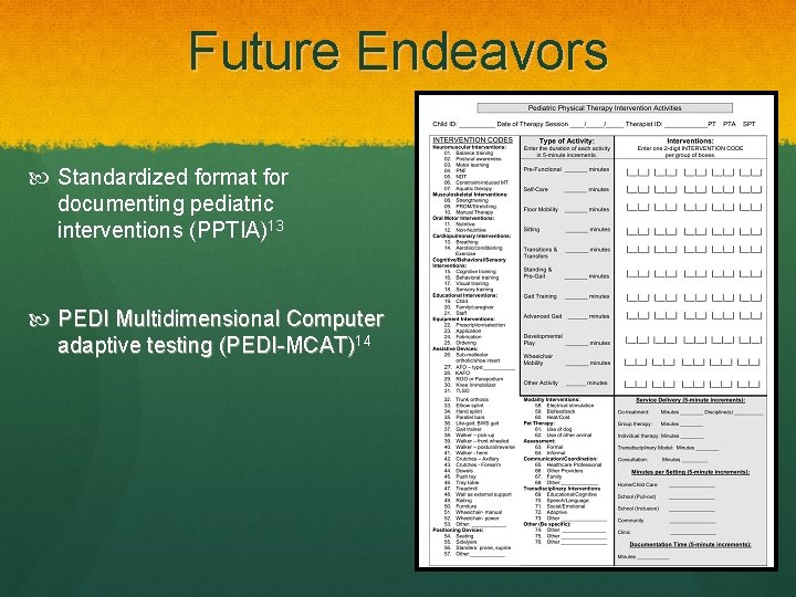 Future Endeavors Standardized format for documenting pediatric interventions (PPTIA)13 PEDI Multidimensional Computer adaptive testing