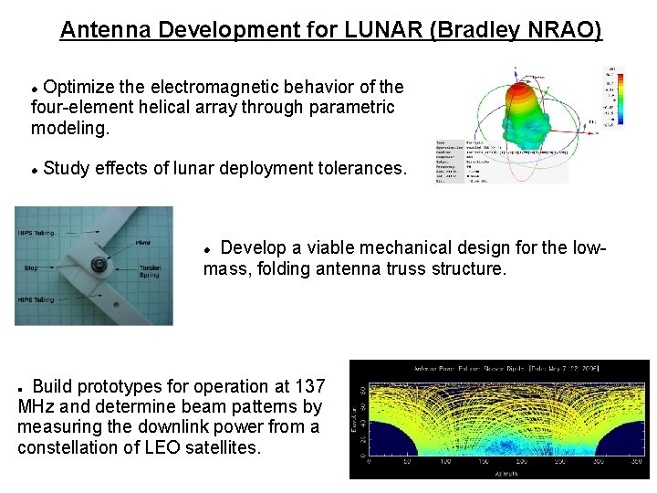 Antenna Development for LUNAR (Bradley NRAO) Optimize the electromagnetic behavior of the four-element helical