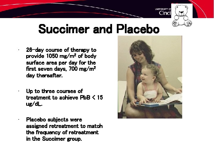 Succimer and Placebo • 26 -day course of therapy to provide 1050 mg/m 2