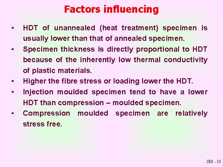 Factors influencing • • • HDT of unannealed (heat treatment) specimen is usually lower