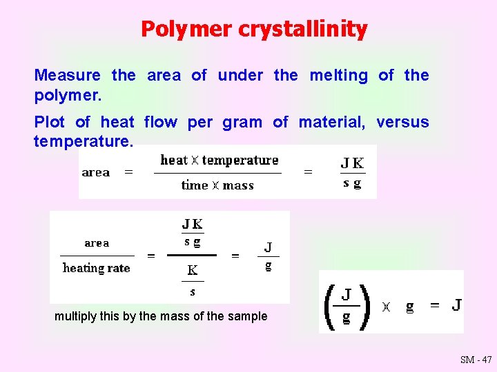 Polymer crystallinity Measure the area of under the melting of the polymer. Plot of