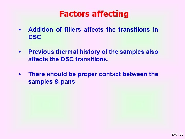 Factors affecting • Addition of fillers affects the transitions in DSC • Previous thermal