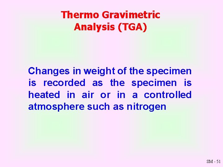 Thermo Gravimetric Analysis (TGA) Changes in weight of the specimen is recorded as the