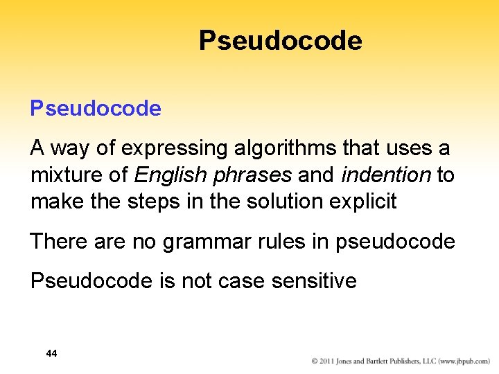 Pseudocode A way of expressing algorithms that uses a mixture of English phrases and
